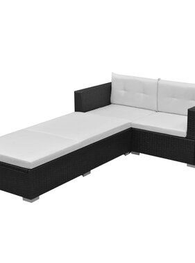 VidaXL 3-delige Loungeset met kussens poly rattan zwart