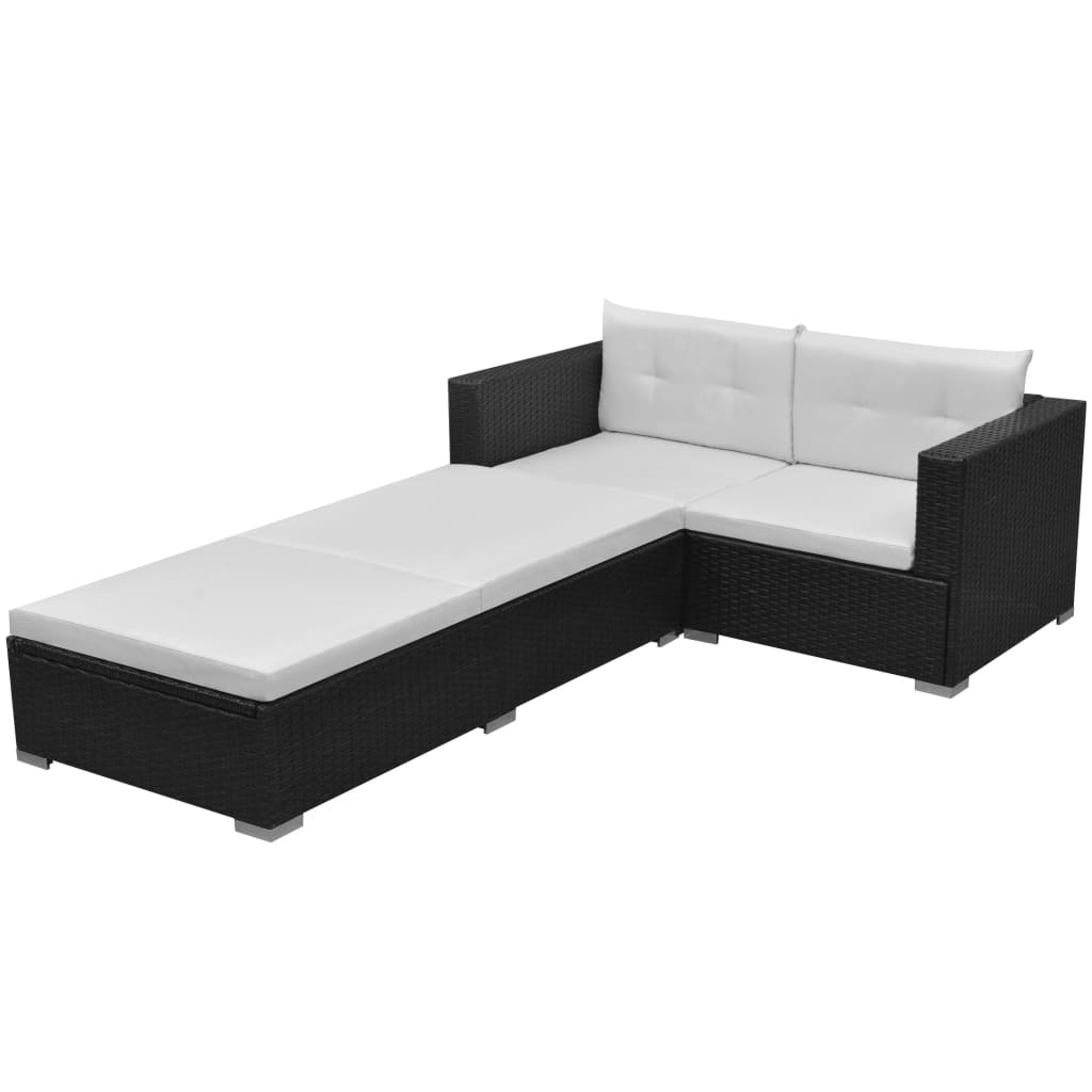 VidaXL 3-delige Loungeset met kussens poly rattan zwart