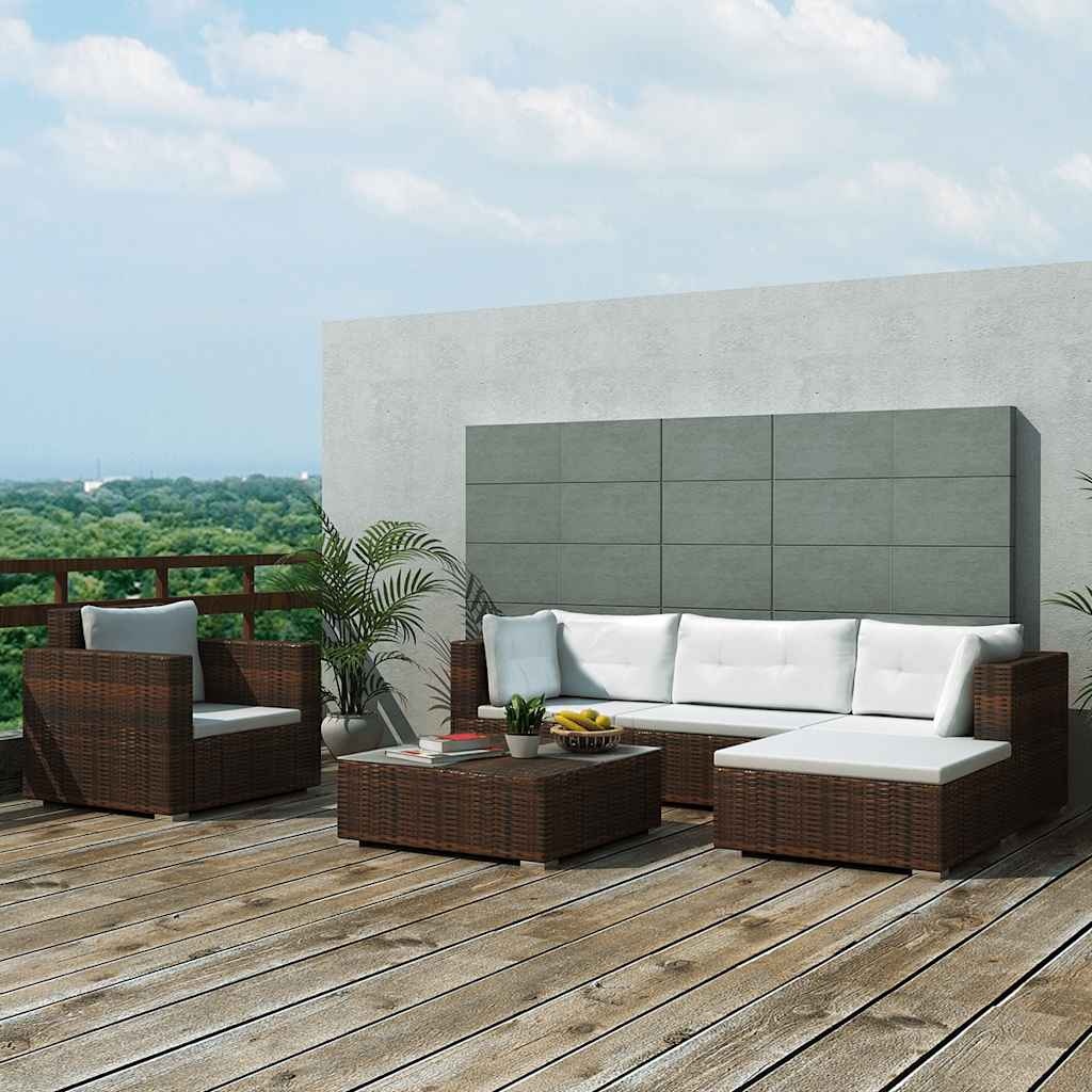 VidaXL 6-delige Loungeset met kussens poly rattan bruin