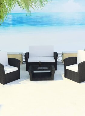VidaXL 4-delige Loungeset met kussens poly rattan zwart