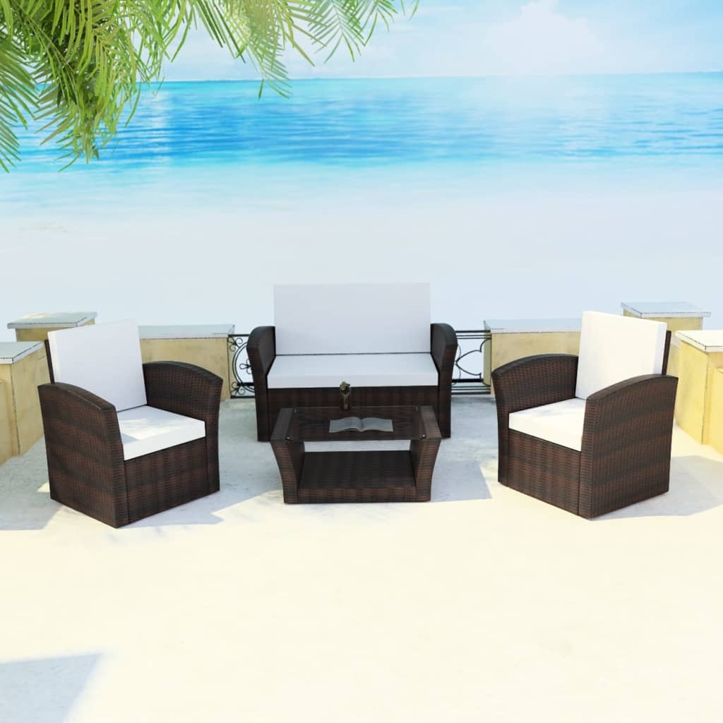 VidaXL 4-delige Loungeset met kussens poly rattan bruin