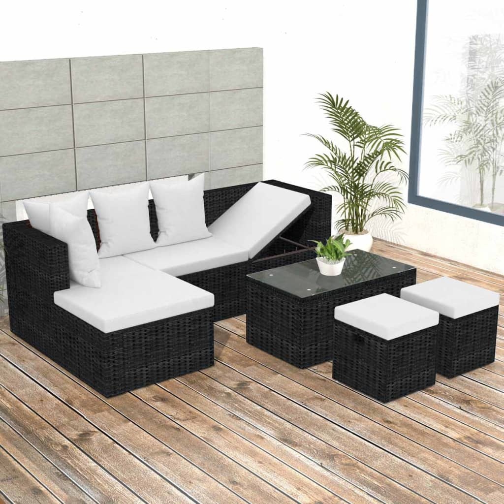 VidaXL 4-delige Loungeset met kussens poly rattan zwart