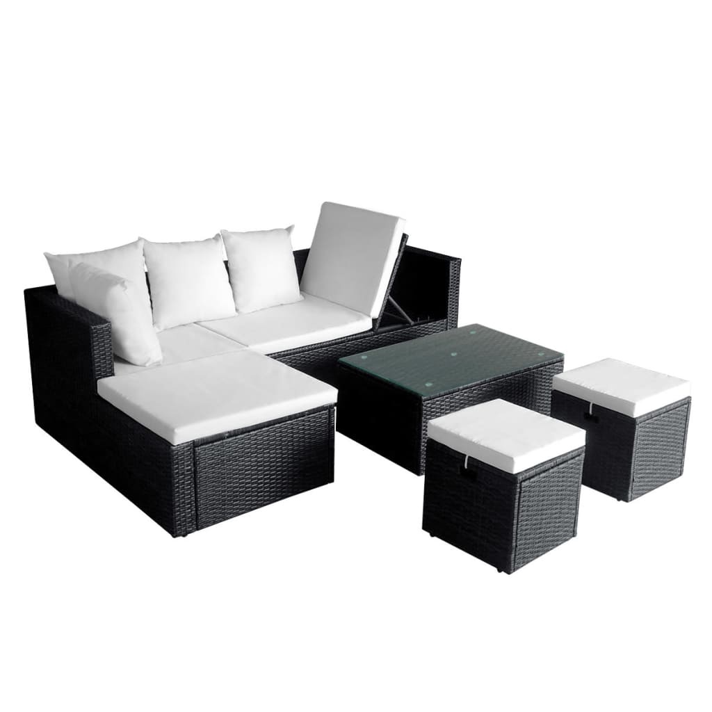 VidaXL 4-delige Loungeset met kussens poly rattan zwart
