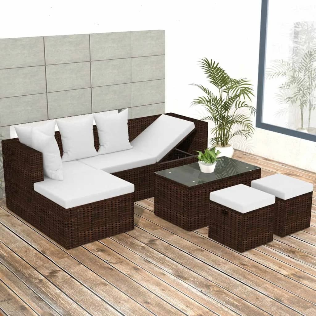 VidaXL 4-delige Loungeset met kussens poly rattan bruin
