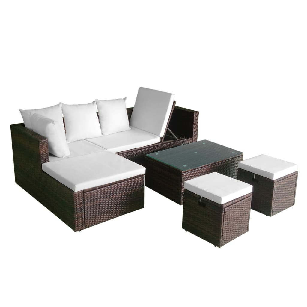 VidaXL 4-delige Loungeset met kussens poly rattan bruin