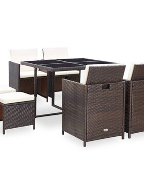 VidaXL 9-delige Tuinset met kussens poly rattan bruin