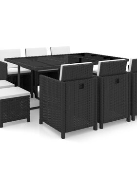 VidaXL 11-delige Tuinset met kussens poly rattan zwart