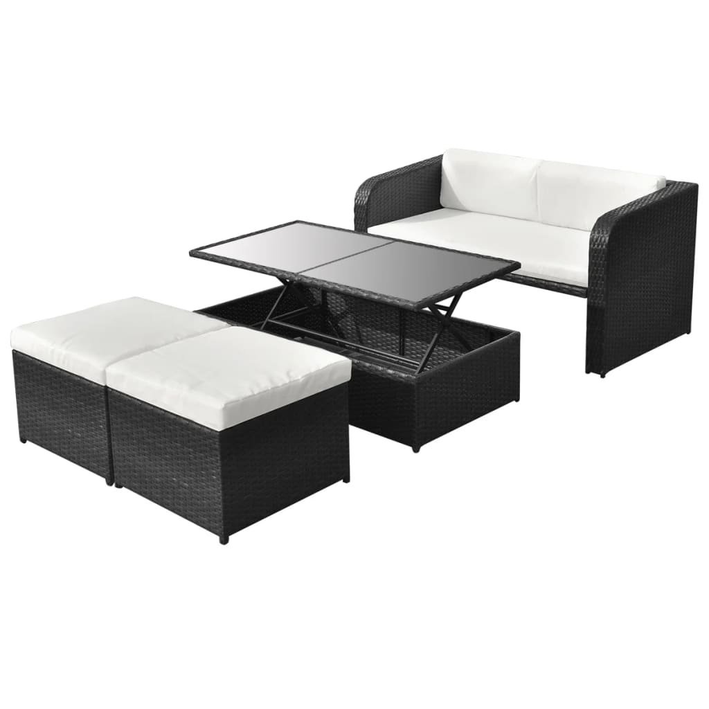 VidaXL 4-delige Loungeset met kussens poly rattan zwart