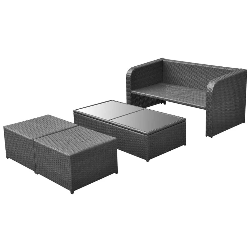 VidaXL 4-delige Loungeset met kussens poly rattan zwart