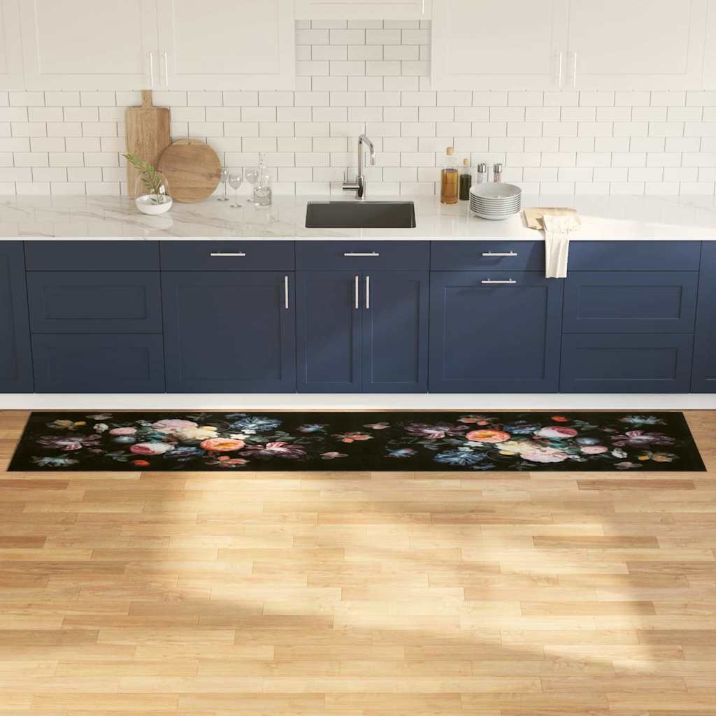VidaXL Keuken Mat Bloemen Zwart 300 x 60 cm Fluweel