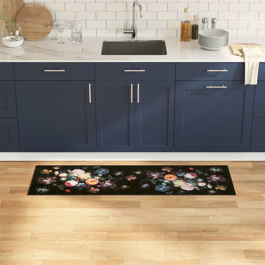 VidaXL Keuken Mat Bloemen Zwart 150 x 45 cm Fluweel