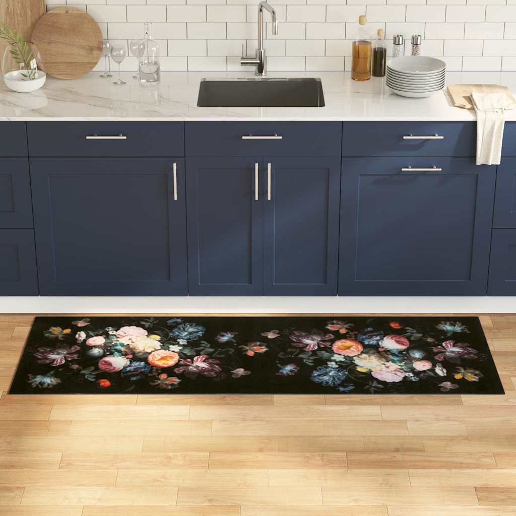 VidaXL Keuken Mat Bloemen Zwart 180 x 60 cm Fluweel