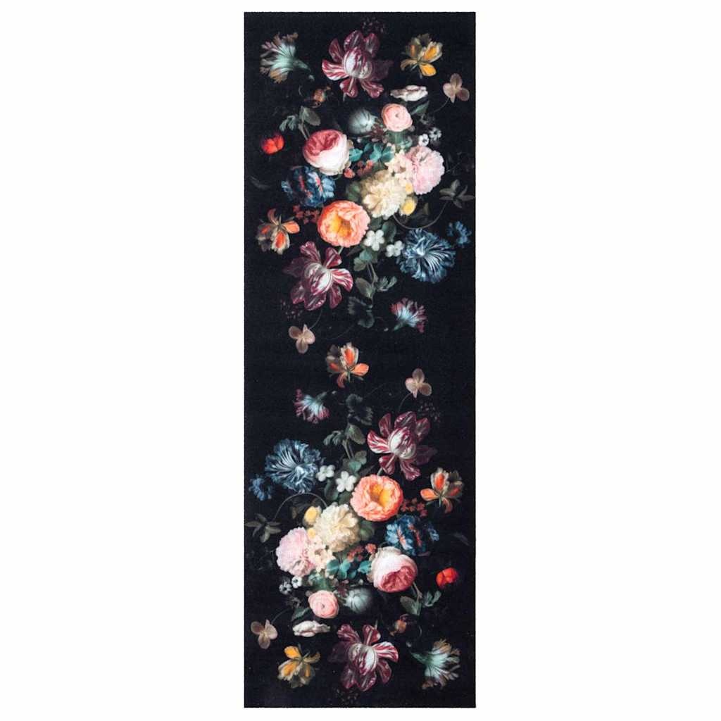 VidaXL Keuken Mat Bloemen Zwart 180 x 60 cm Fluweel