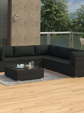 VidaXL 6-delige Loungeset met kussens poly rattan zwart
