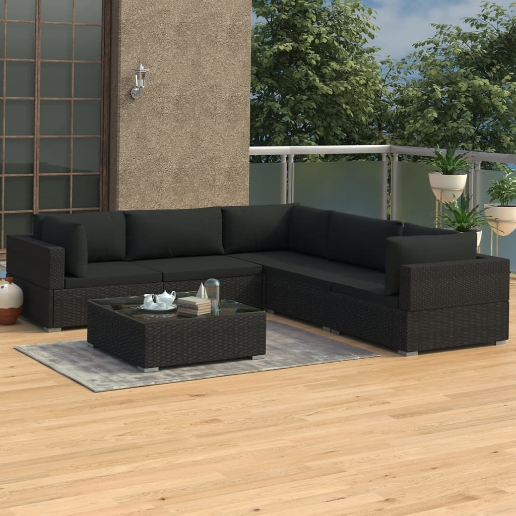 VidaXL 6-delige Loungeset met kussens poly rattan zwart
