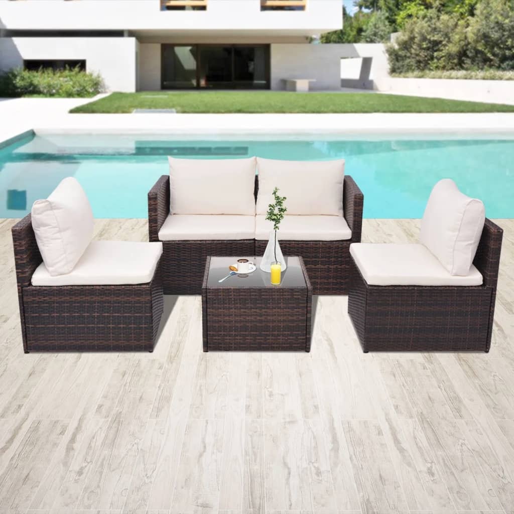 VidaXL 5-delige Loungeset met kussens poly rattan bruin