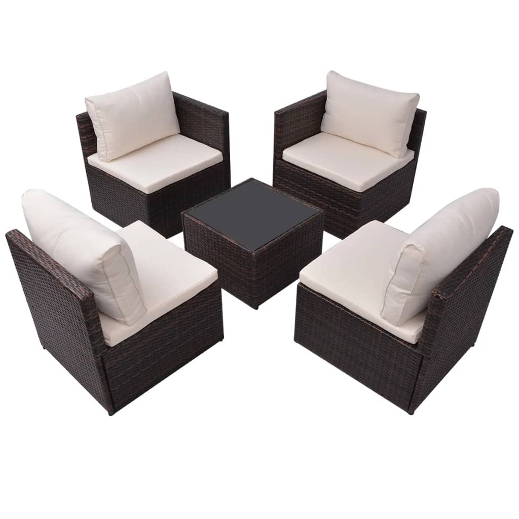 VidaXL 5-delige Loungeset met kussens poly rattan bruin