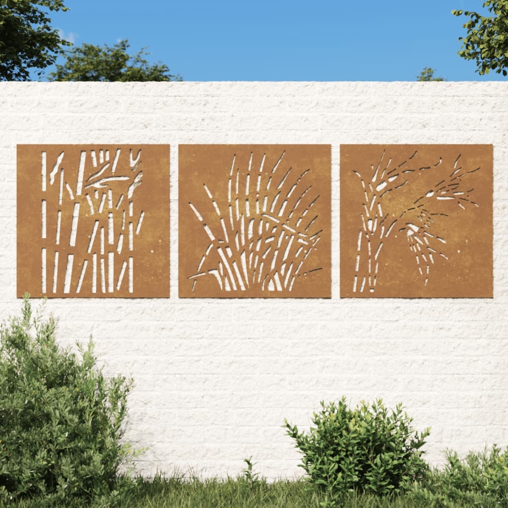VidaXL Wanddecoratie tuin 3 st grasontwerp 55x55 cm cortenstaal