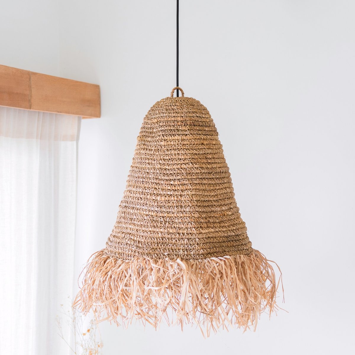 KantoormeubelenPlus Raffia Boho Lampenkap – Hanglamp – Hanglamp – Handgeweven Plafondlamp met Lange Franjes (3 maten Ø 30/40/50 cm) KALIMA