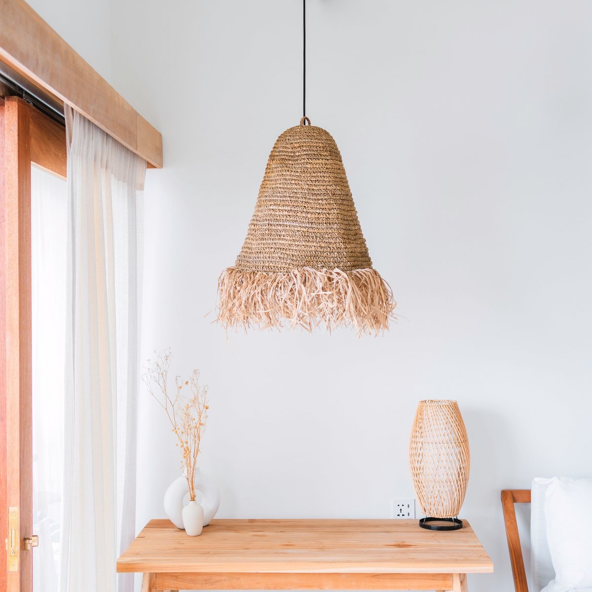 KantoormeubelenPlus Raffia Boho Lampenkap – Hanglamp – Hanglamp – Handgeweven Plafondlamp met Lange Franjes (3 maten Ø 30/40/50 cm) KALIMA