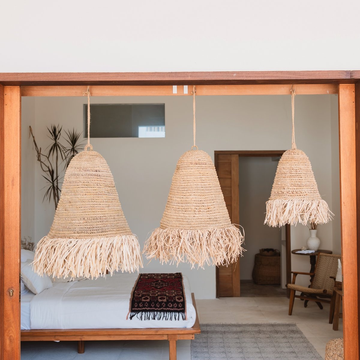 KantoormeubelenPlus Raffia Boho Lampenkap – Hanglamp – Hanglamp – Handgeweven Plafondlamp met Lange Franjes (3 maten Ø 30/40/50 cm) KALIMA