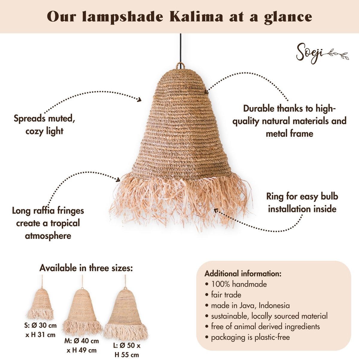 KantoormeubelenPlus Raffia Boho Lampenkap – Hanglamp – Hanglamp – Handgeweven Plafondlamp met Lange Franjes (3 maten Ø 30/40/50 cm) KALIMA