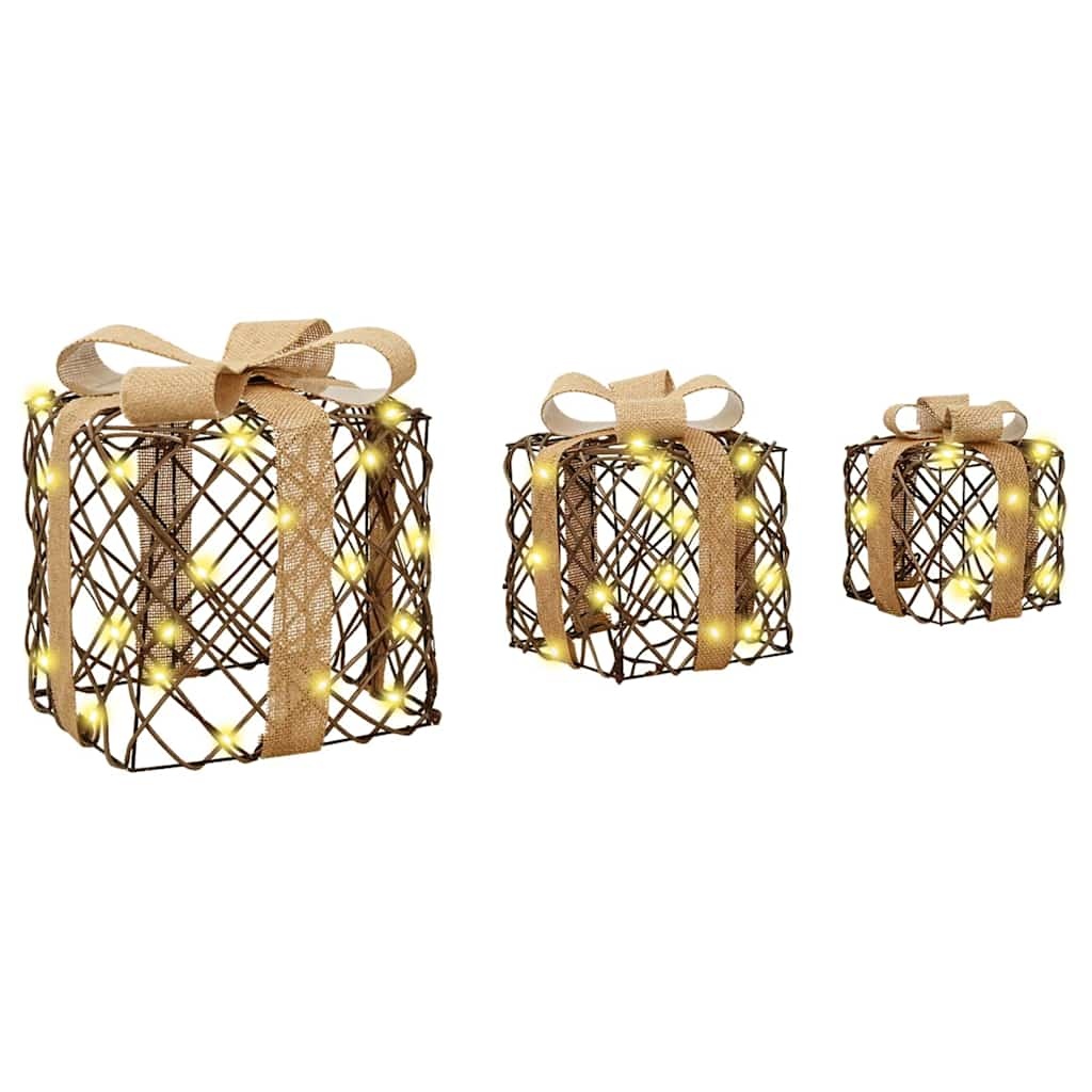 VidaXL Cadeau Doos met 60 LED 3 pcs Warmwit 20 x 20 x 20 cm Rattan