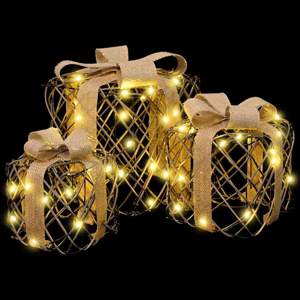 VidaXL Cadeau Doos met 60 LED 3 pcs Warmwit 20 x 20 x 20 cm Rattan