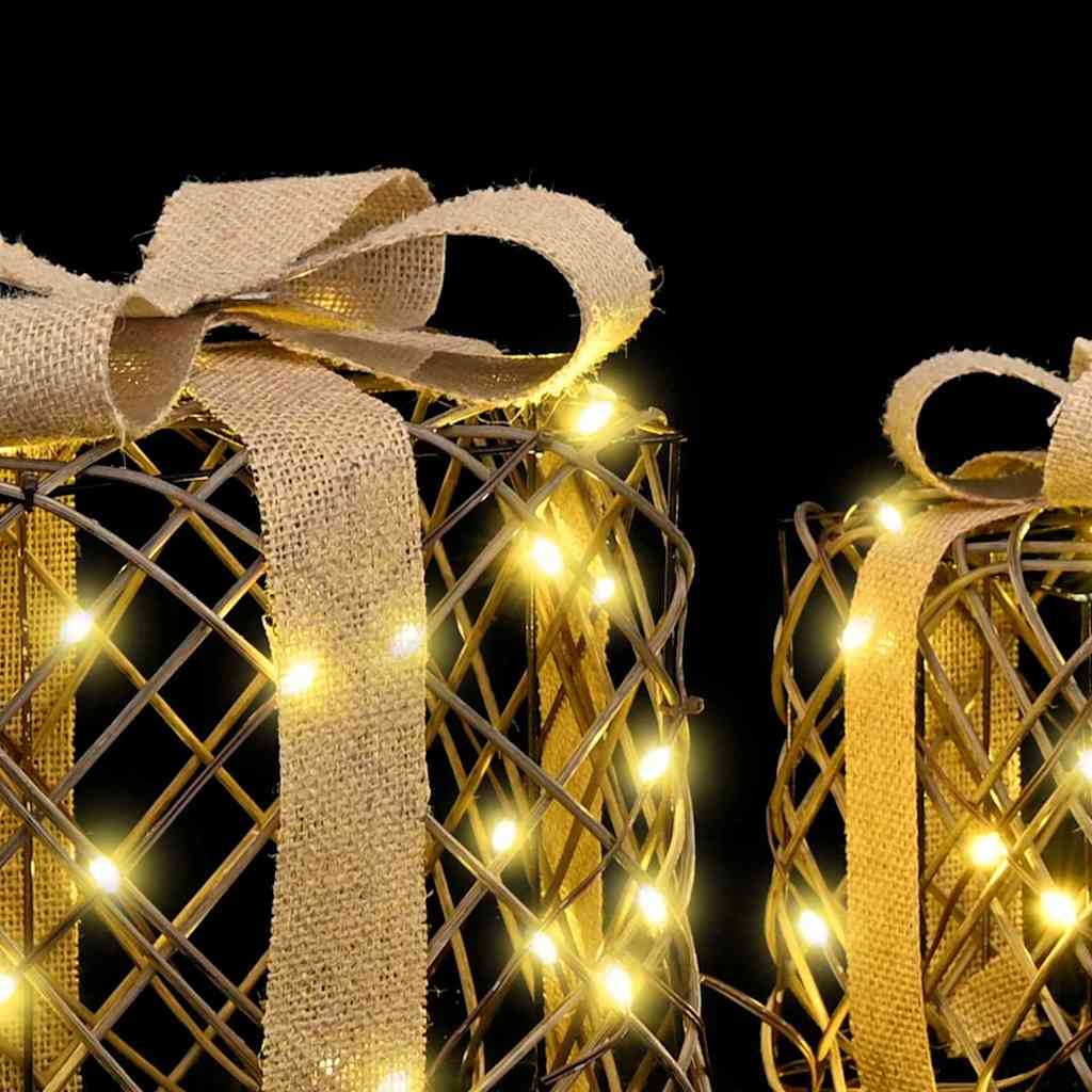 VidaXL Cadeau Doos met 60 LED 3 pcs Warmwit 20 x 20 x 20 cm Rattan