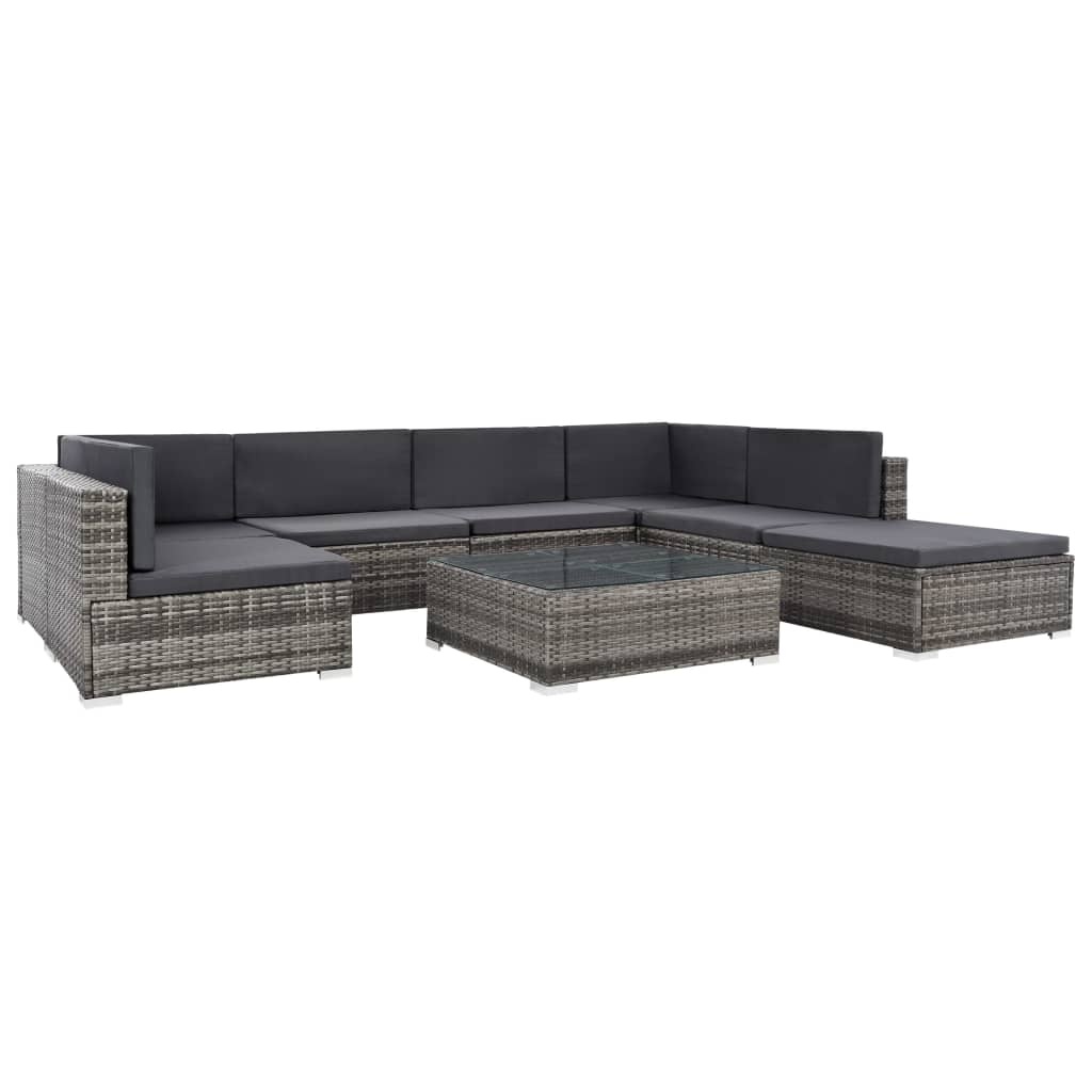 VidaXL 8-delige Loungeset met kussens poly rattan grijs