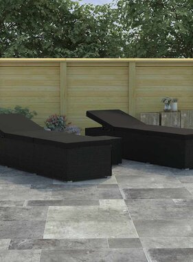 VidaXL Tuin zonligstoelen met kussen 3 pcs Zwart Poly riet