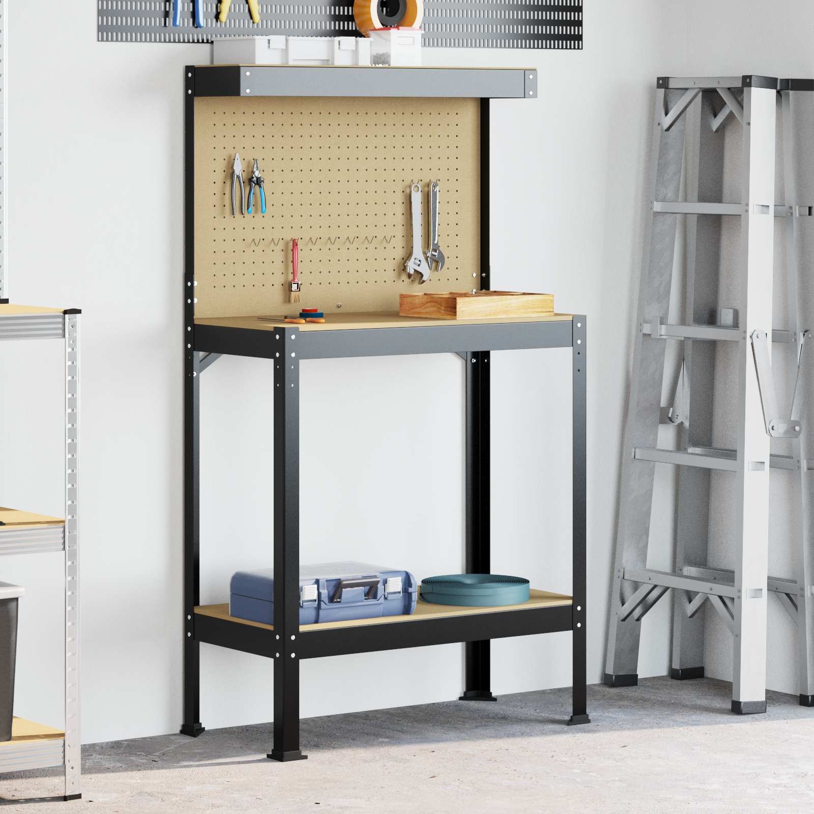 VidaXL Werkbanken met plank Zwart 81 x 41 x 145 cm Bewerkt hout