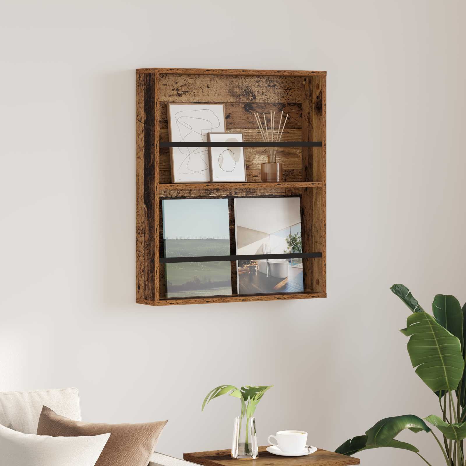 VidaXL Tijdschrift Rek met plank Oudhout 60 x 12 x 70 cm Bewerkt hout