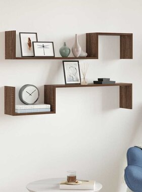 VidaXL Wandschappen 2 st 100x15x20 cm bewerkt hout bruin eikenkleur