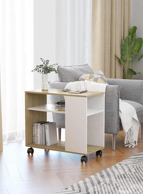 VidaXL Bijzettafel 70x35x55 cm bewerkt hout wit en sonoma eikenkleurig