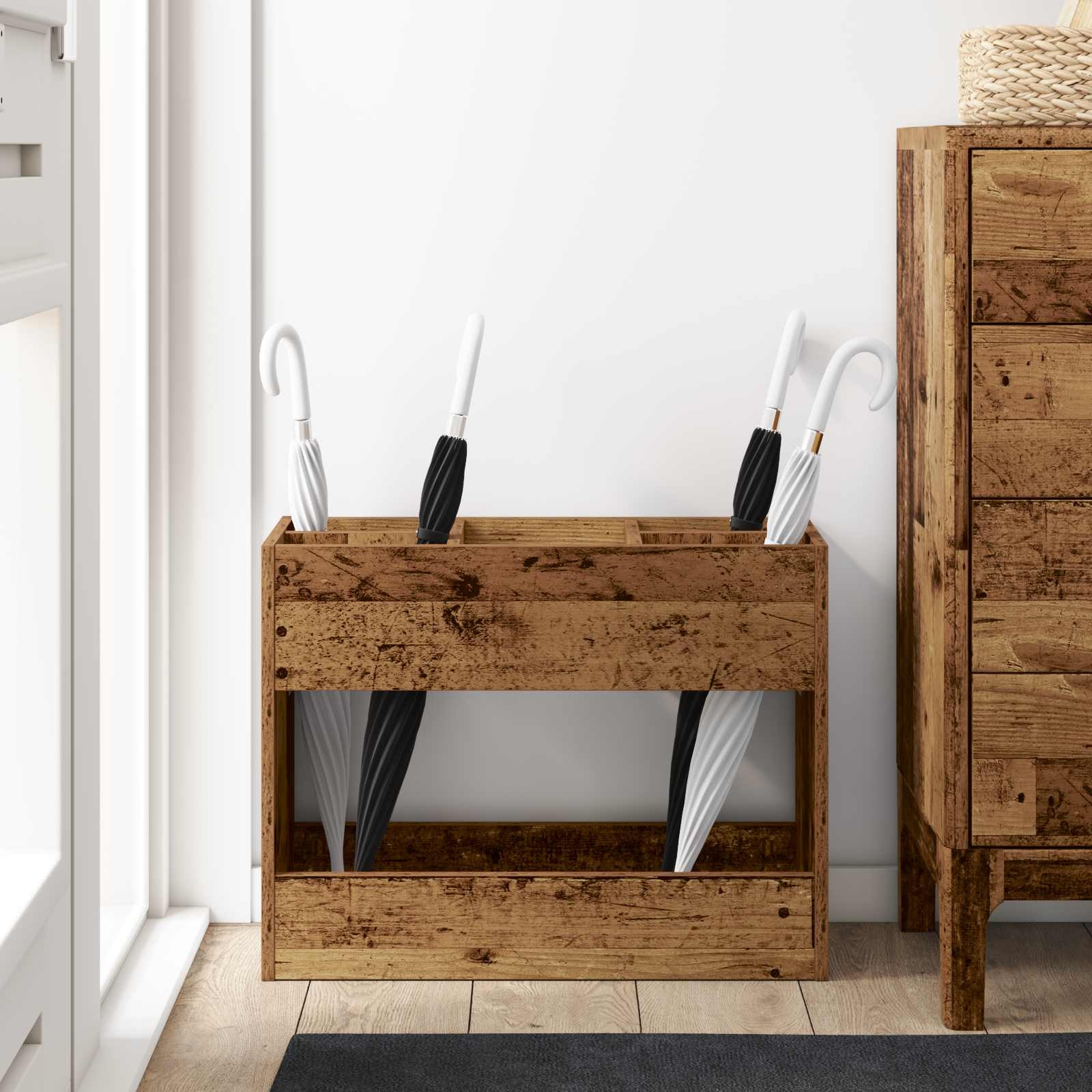 VidaXL Paraplu Standaard Oudhout 65 x 24 x 50 cm Bewerkt hout