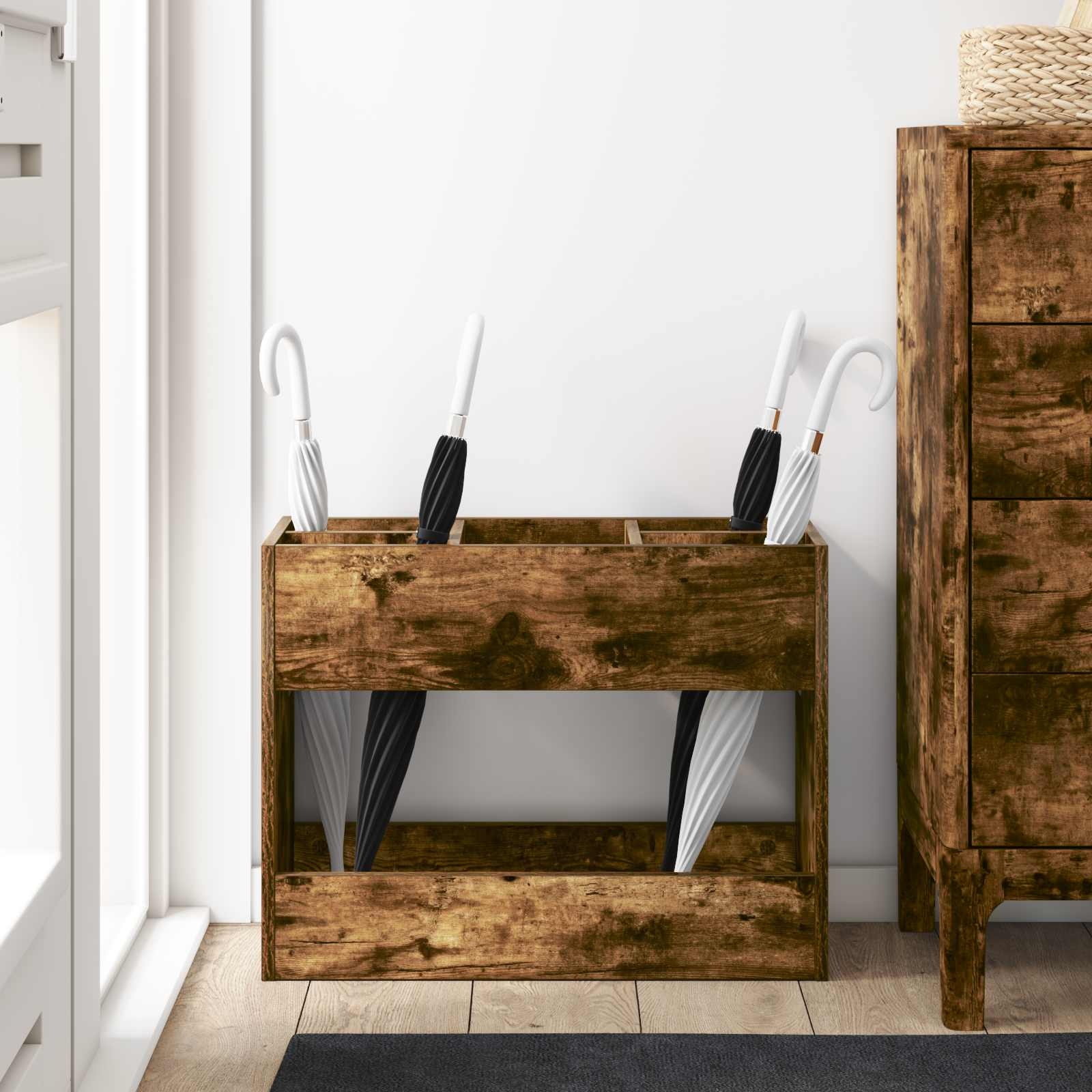 VidaXL Paraplu Standaard Gerookt eiken 65 x 24 x 50 cm Bewerkt hout