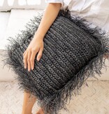 Soeji Zwart Raffia sierkussen met vulling Decoratief kussen met franjes GANDI gemaakt van Raffia (2 maten)