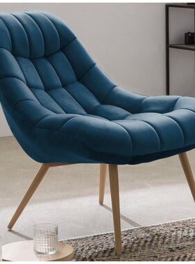 SalesFever Fauteuil XXL velours blauw metaal houtlook