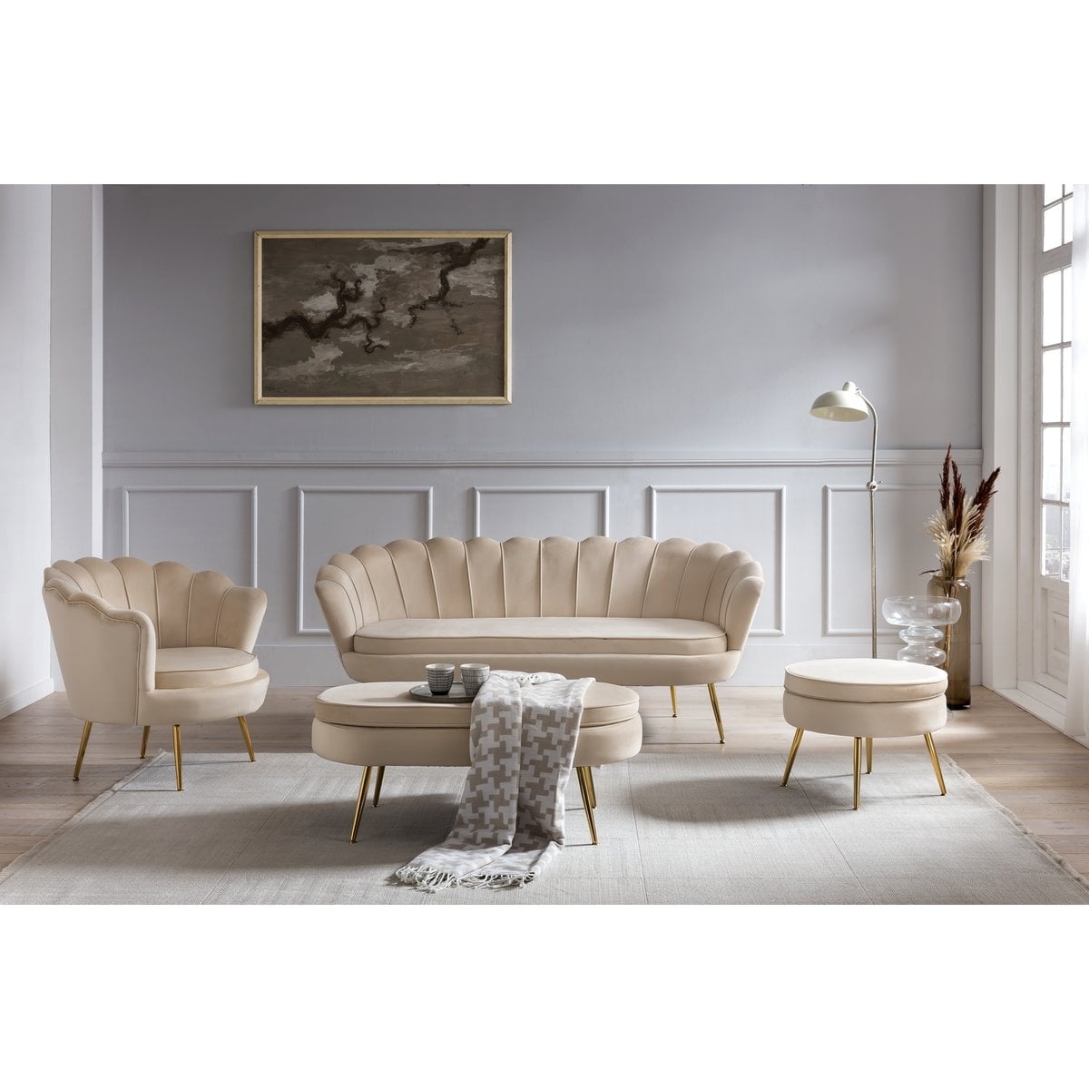 SalesFever Ronde poef in beige fluweel