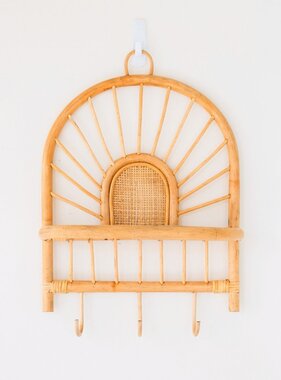 Rotan Wandplank – Kleine Boho Wandplank – Hangende Rotan Plank – Jas- of Sleutelhaak – Handgemaakte Plank Gemaakt van Rotan (41x53 cm) BANTEN