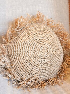 KantoormeubelenPlus Rond Boho Kussen met Franjes Decoratief Kussen Ø40/50 cm Sierkussen van Raffia Bankkussen met Vulling TARAKAN beige