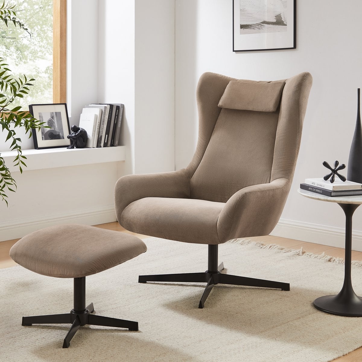 SalesFever Fauteuil en kruk corduroy look bruin