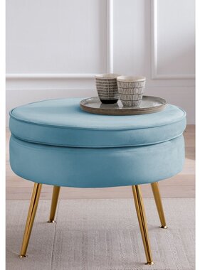 SalesFever Ronde fluwelen poef blauw