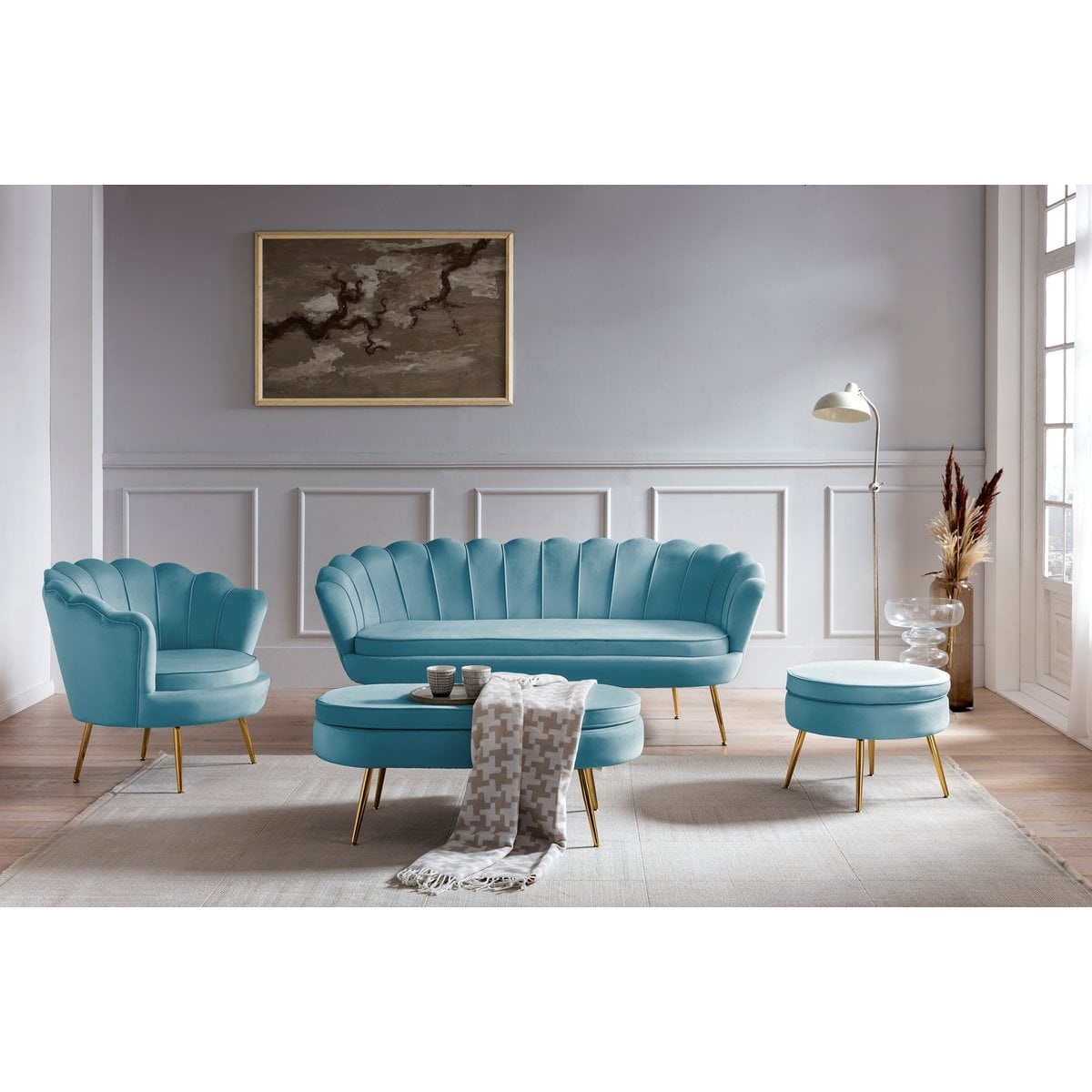 SalesFever Ronde fluwelen poef blauw