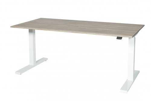 Icons T-poot bureau, zit-sta (62-118cm) hoogte verstelbaar dmv gasveerbediening met 200x80 20mm melamine blad en frame