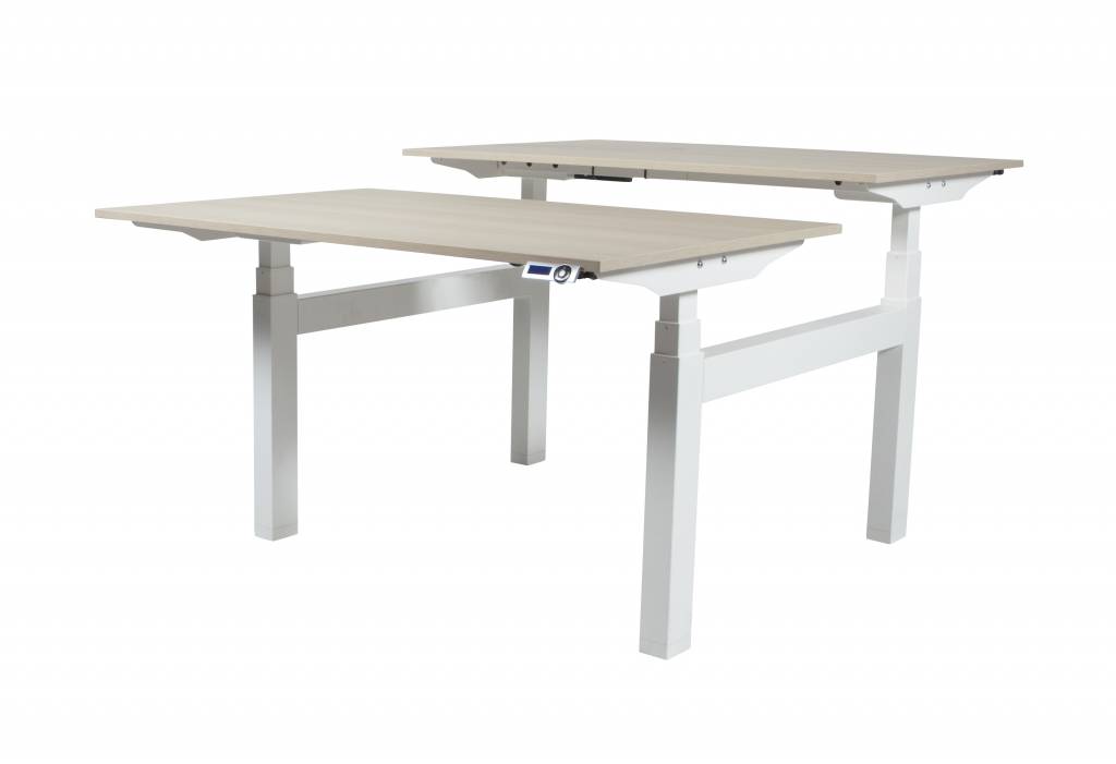 Electric-T Duo Plus werkplekken, zit-sta (64-130cm) hoogte verstelbaar dmv 2 elektromotoren per wp met 140x80cm 20mm bladen en H-frame
