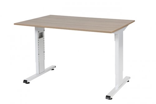 Schaffenburg T lines bureau hoogte instelbaar(61 90cm)met 120x80cm kersen licht 20mm blad en wit(RAL9010)t poot frame met rechte tenen