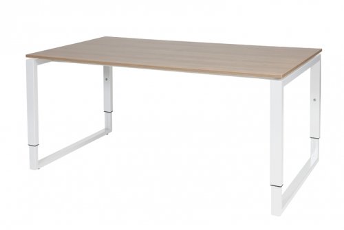 Schaffenburg Domino Plus bureau hoogte instelbaar (62-85cm) met 160x90cm'zwevend'kersen licht 20mm blad en wit (RAL9010) O-poot frame
