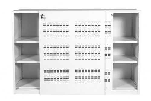 Claudius Schuifdeurkast 160x120cm (BxH) voorzien van twee akoestische deuren. Deuren voorzien van perforaties en bodem uitgerust met justeerdoppen. Interieur apart te bestellen. Uitgevoerd in staal structuurlak , ENKELZIJDIG BENADERBAAR